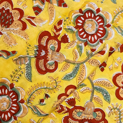 Pre Cut 1.70 Pure Cotton Jaipuri Yellow And Red Wild Big Flower Jaal Hand Block Print Fabric