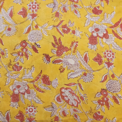 Pure Cotton Jaipuri Soft Yellow With White And Rust Jaal Hand Block Print Fabric