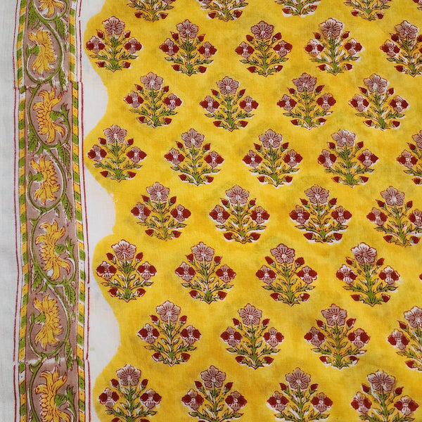 Pre-cut 0.95 meter Pure Cotton Jaipuri Yellow With Floral Bush Hand Block Print Fabric