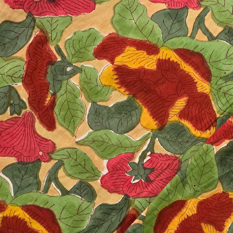 Pure Cotton Jaipuri Yellow With Green And Red Wild Flower Jaal Hand Block Print Fabric