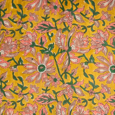 Pure Cotton Jaipuri Yellow With Light Orange With Green Flower Jaal Hand Block Print Fabric