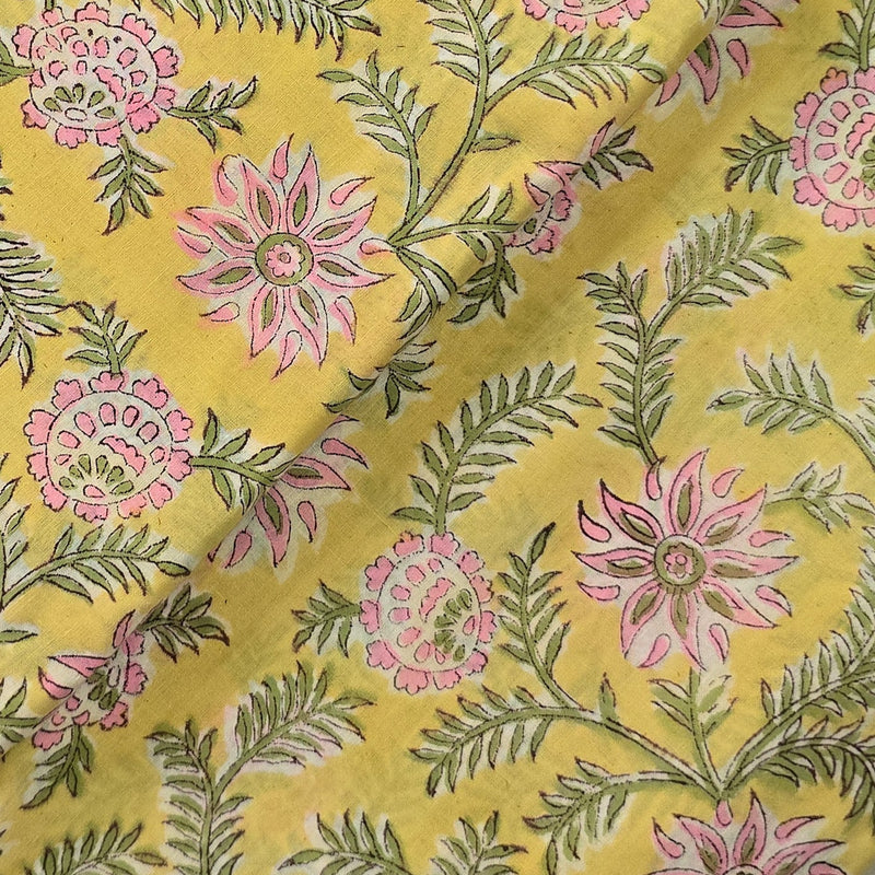 Pure Cotton Jaipuri Yellow With Light Pink Flower Jaal Hand Block Print Fabric
