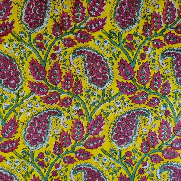 (Pre-cut 0.95 meter ) Pure Cotton Jaipuri Yellow With Maroon Kairi Jaal Hand Block Print Fabric