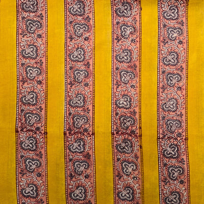 Pure Cotton Jaipuri Yellow With Pink Border With Flower Creeper Hand Block Print Fabric