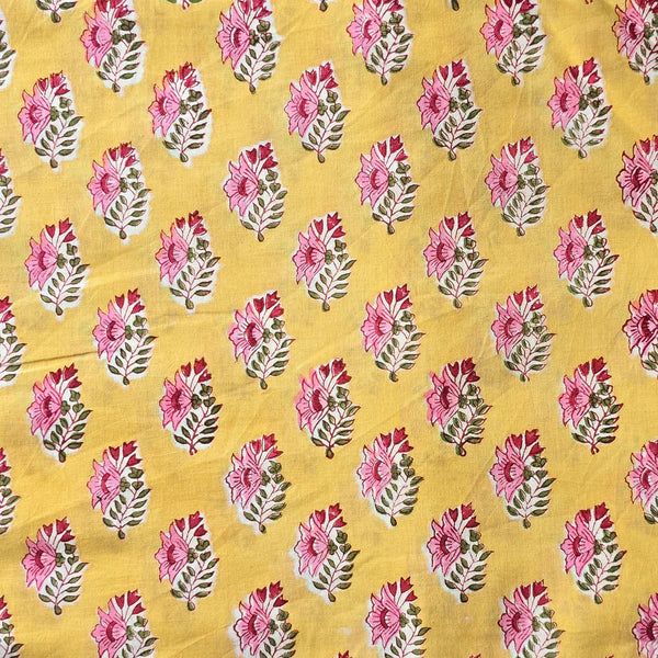 ( PRE-CUT 1.70 METER ) Pure Cotton Jaipuri Yellow With Pink Flower Motif Hand Block Print Fabric