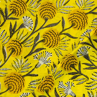 Pure Cotton Jaipuri Yellow With White And Yellow Flower All Over Fabric Hand Block Print Fabric