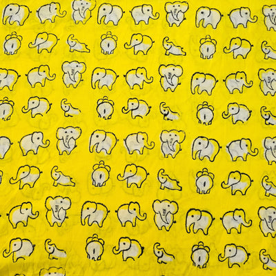 Pure Cotton Jaipuri Yellow With White Elephant Motif Hand Block Print Fabric