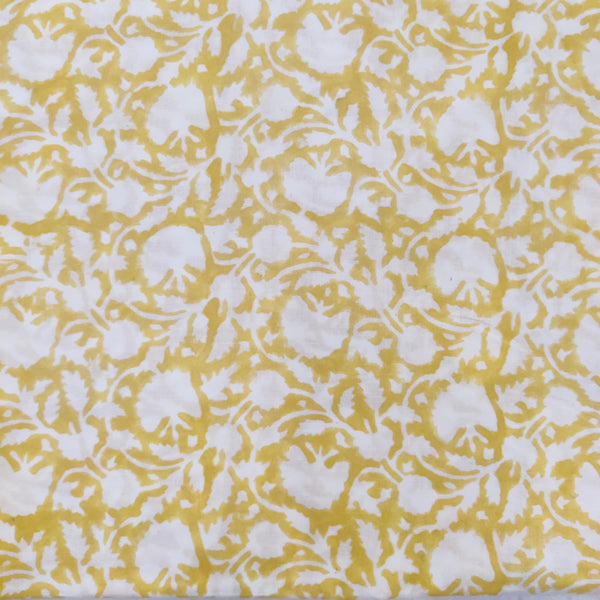 ( Pre-Cut 1.55 Meter ) Pure Cotton Jaipuri Yellow With White Flower Jaal Hand Block Print Fabric