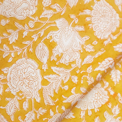 ( Pre-Cut 1.20 Meter ) Pure Cotton Jaipuri Yellow With White Flower Jaal Hand Block Print Fabric