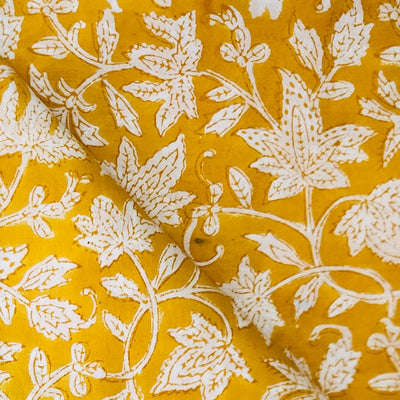 (Pre-Cut 1.40 Meter )Pure Cotton Jaipuri Yellow With Intricate Flower Jaal Hand Block Print Fabric