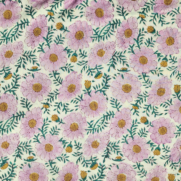 (Pre Cut 1 Meter )Pure Cotton Jaipuri Yellowish Cream With Pink Petal Flower With Green Leaves Jaal  Hand Block Print Fabric