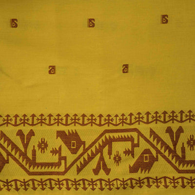 ( Width 44 Inches )  Pure Cotton Jamdani Mustard With Brown Different Intricate Design Border Hand Woven Fabric