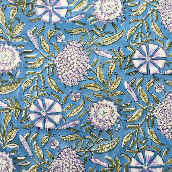 Pure Cotton Jaipuri Blue With Jungle Flower Jaal Hand Block Print Fabric