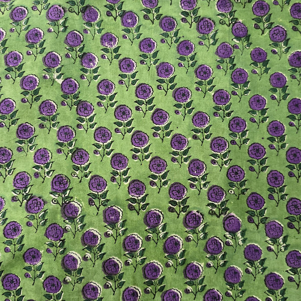 Pure Cotton Jaipuri Green With Purple Fruit Buds Hand Block Print Fabric