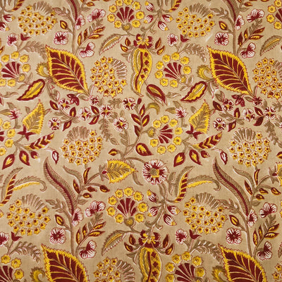Pure Cotton Jaipuri Light Cream With Brown Fruit Jaal Hand Block Print Fabric