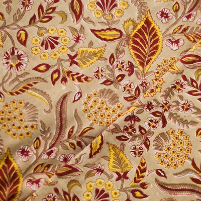 Pure Cotton Jaipuri Light Cream With Brown Fruit Jaal Hand Block Print Fabric