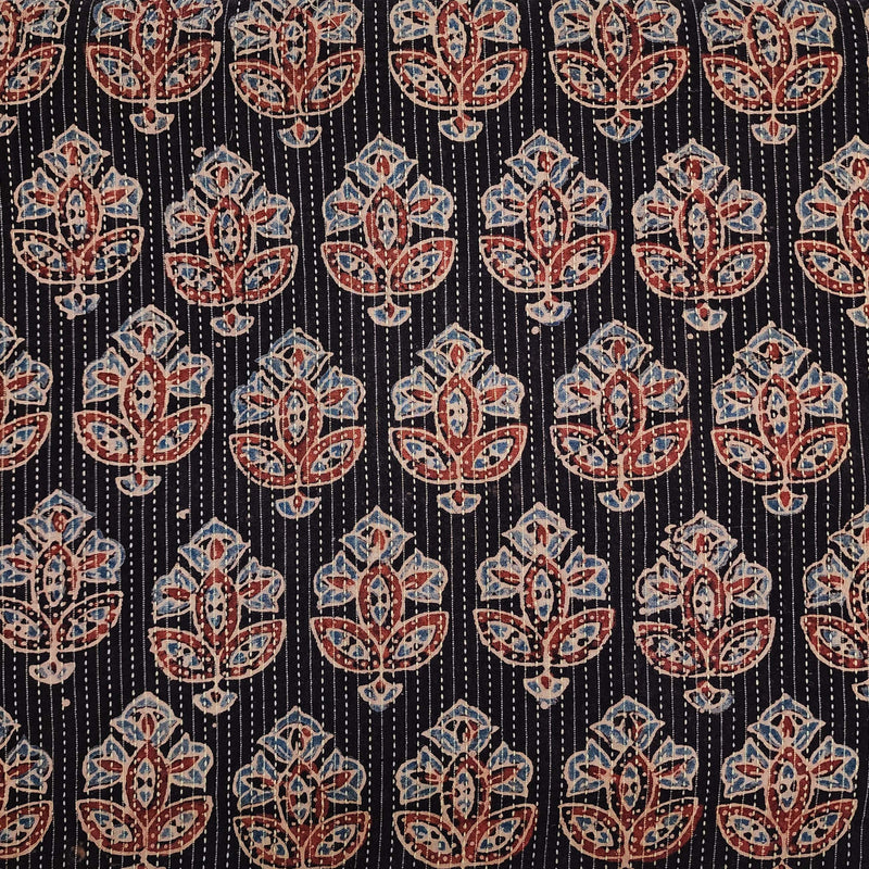 (Per-Cut 2.10 meter) Pure Cotton Kaatha Ajrak Black With Rust And Blue Floral Motif Hand Block Print Fabric