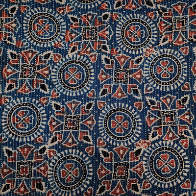 Pre-Cut 1.85 Meter Pure Cotton Kaatha Ajrak Blue Geometric Tribal Tiles Hand Block Print Fabric