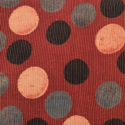 Pure Cotton Kaatha Ajrak Red With Black And Cream And Rust Blue Circles Hand Block Print Fabric