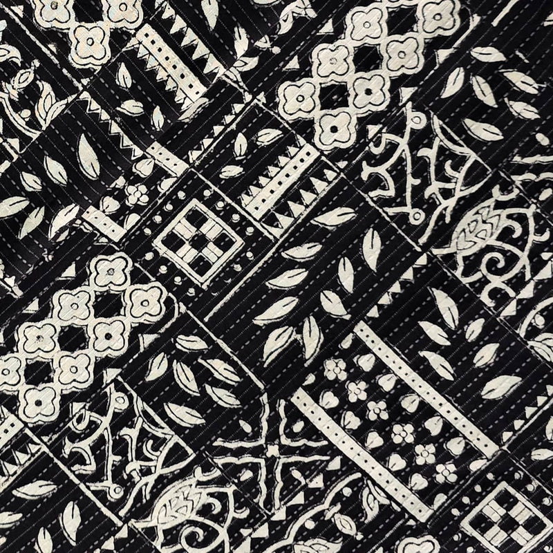 Pure Cotton Kaatha Bagru Black And Cream Intricate Patches Design Hand Block Print Fabric