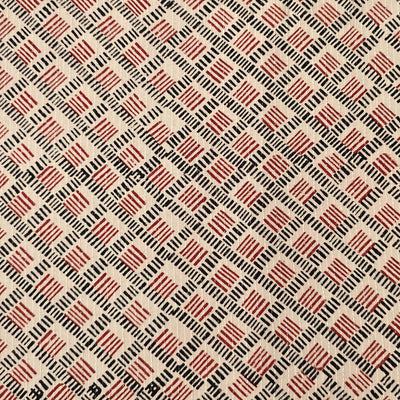 Pure Cotton Kaatha Bagru Rust Red And Cream With Black Small Stripes Square Hand Block Print Fabric
