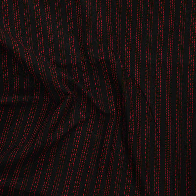 Pure Cotton Kaatha Black With Red Stripes Hand Woven Fabric