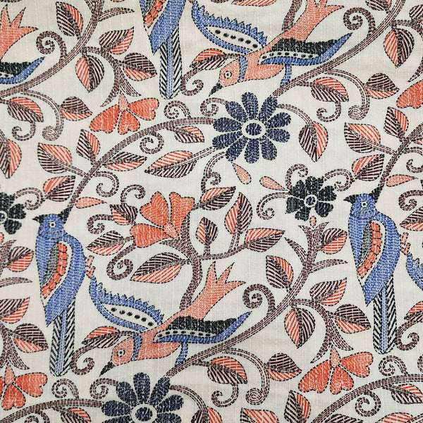 Pre-cut 0.80 cm Pure Cotton Kaatha Blue And Orange Birds On A Tree Screen Print Fabric