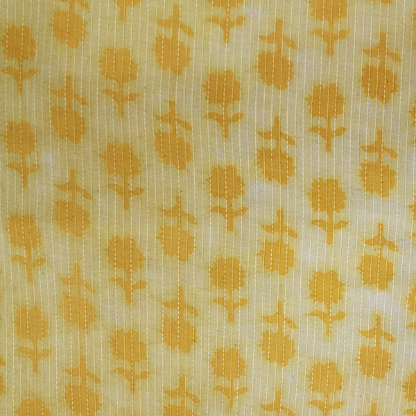 ( Pre-Cut 1.75 Meter )Pure Cotton Kaatha Dabu Cream With Yellow Flower Motif Hand Block Print Fabric