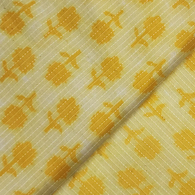 Pure Cotton Kaatha Dabu Cream With Yellow Flower Motif Hand Block Print Fabric