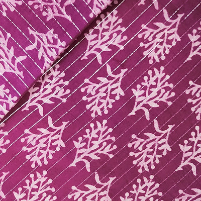 Pure Cotton Kaatha Dabu  Lurex Dark Purple With Cream Flowers Motif Hand Block Print Fabric