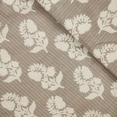 Pure Cotton Kaatha Dabu Grey With White Flower  Motif Hand Block Print Fabric