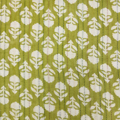 Pure Cotton Kaatha Dabu Light  Green With Cream Flower Buds Motif Hand Block Print Fabric