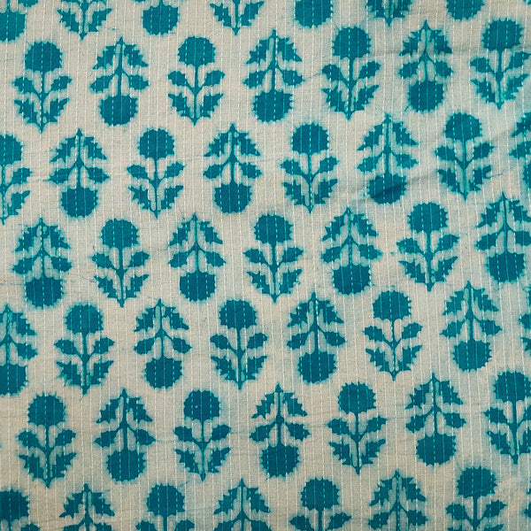 Pure Cotton Kaatha Dabu Off White With Blue Flower Motif Hand Block Print Fabric