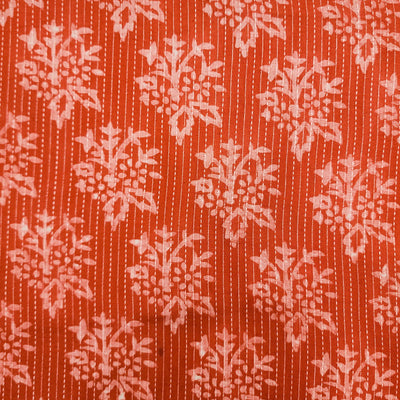 ( Pre-Cut 1 Meter ) Pure Cotton Kaatha Dabu Orange With Cream Flower Motifs Hand Block Print Fabric