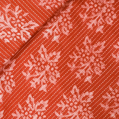 Pure Cotton Kaatha Dabu Orange With Cream Flower Motifs Hand Block Print Fabric