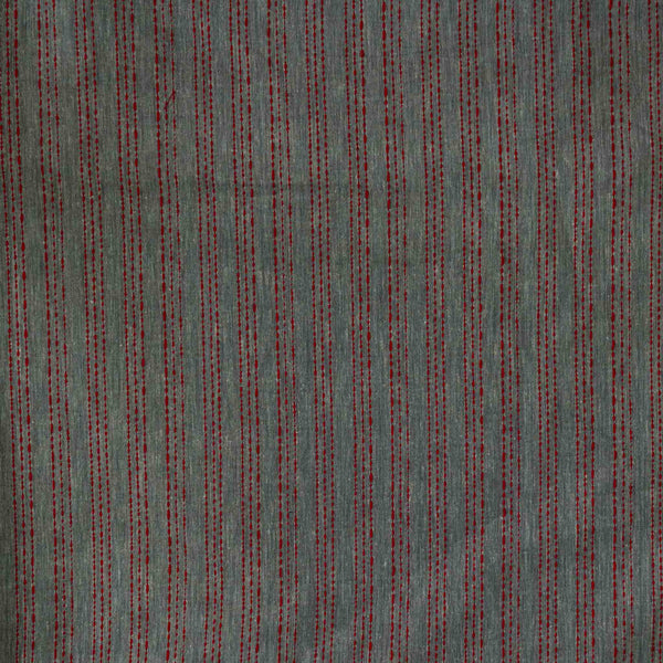 Pure Cotton Kaatha Grey With Red Stripes Hand Woven Fabric