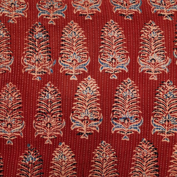 PRE-CUT 2 METER Pure Cotton Kaatha Rust With Blue Flower Bud Hand Block Print Fabric