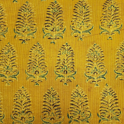 ( Pre-Cut 1.25 Meter )Pure Cotton Kaatha Turmeric With Big Flower Bud Hand Block Print Fabric