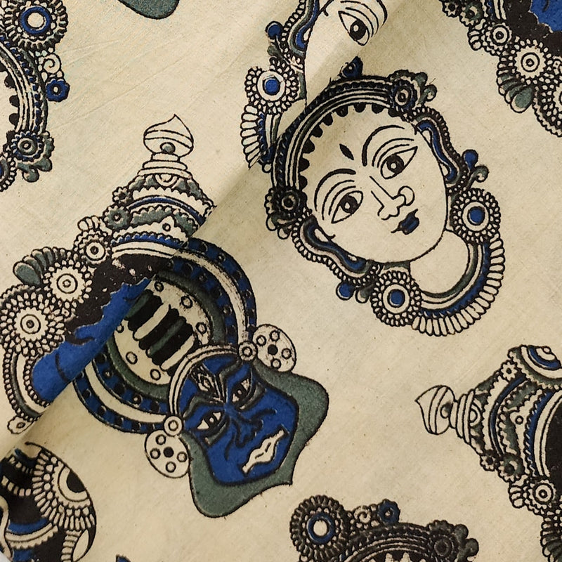 Pure Cotton Kalamakari Cream With Black And Blue Proiles Hand Block Print Fabric
