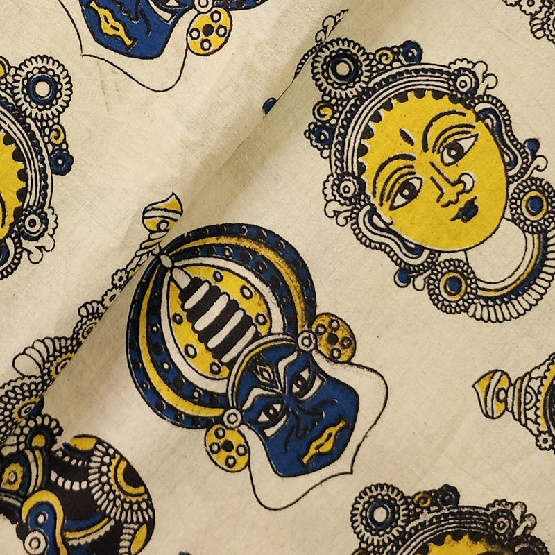 Pure Cotton Kalamakari Cream With Yellow And Blue Profiles Hand Block Print Fabric