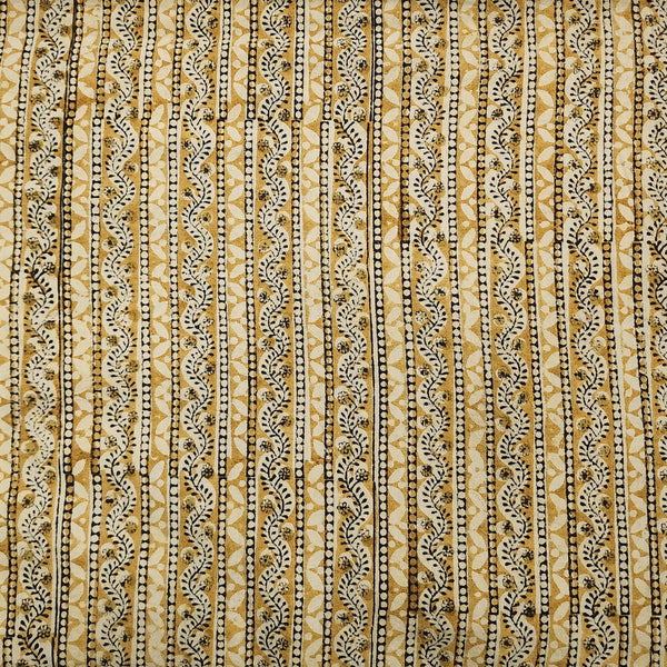 (Pre-Cut 0.95 Meter) Pure Cotton Kalamkari Beige With Tiny Flower Creeper Border Hand Block Print Fabric