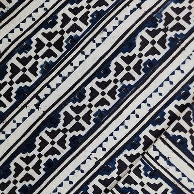 Pure Cotton Kalamkari Black With Blue Intricate  Border Hand Block Print Fabric