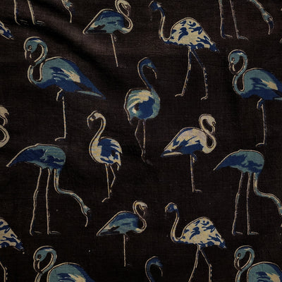 Pure Cotton Kalamkari Black With Cream And Blue Greater Flamingo Hand Block Print Fabric