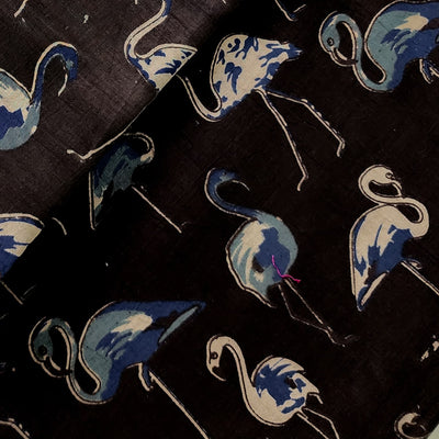 Pure Cotton Kalamkari Black With Cream And Blue Greater Flamingo Hand Block Print Fabric