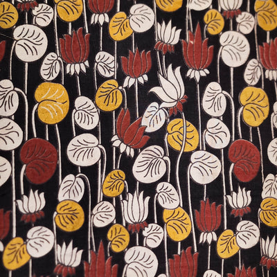 Pure Cotton Kalamkari Black With Cream And Red And Yellow Lotus Hand Block Print Fabric