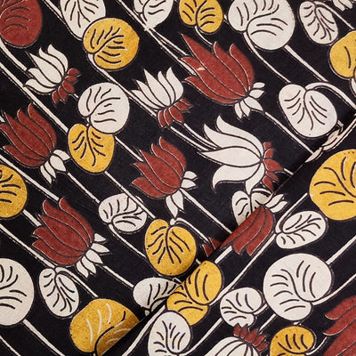 Pure Cotton Kalamkari Black With Cream And Red And Yellow Lotus Hand Block Print Fabric