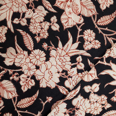 Pure Cotton Kalamkari Black With Cream Flower Jaal Hand Block Print Fabric