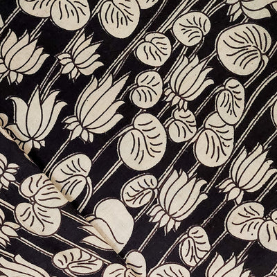 Pure Cotton Kalamkari Black With Cream Lotus Hand Block Print Fabric