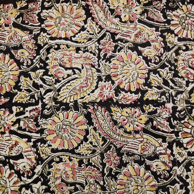 Pure Cotton Kalamkari Black With Green And Light Pink Flower And Peacock Jaal Hand Block Print Fabric