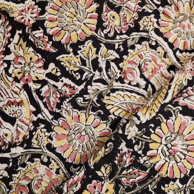 Pure Cotton Kalamkari Black With Green And Light Pink Flower And Peacock Jaal Hand Block Print Fabric